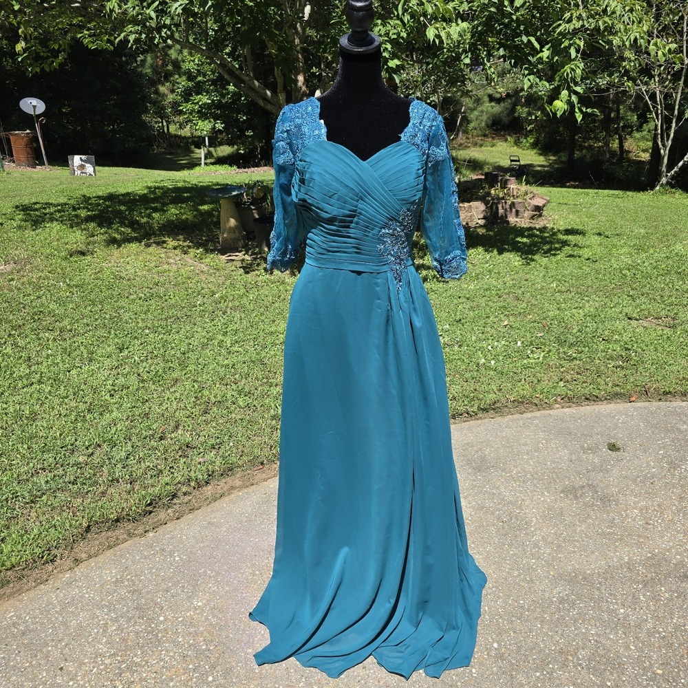 Teal Lace-Sleeve Chiffon Wedding Gown with Beaded Waist